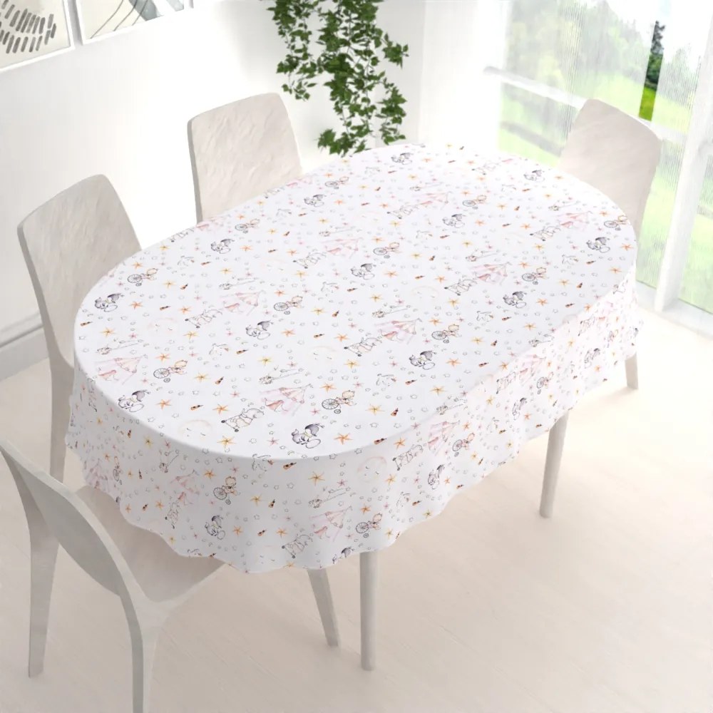 Biante Detský bavlnený oválny obrus Sandra SA-371 Ružový cirkus so zvieratkami 100x140 cm