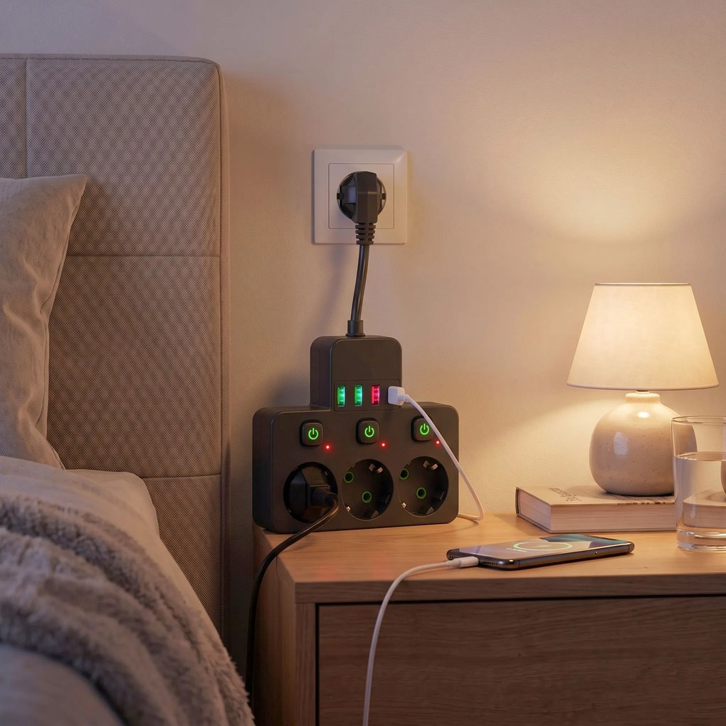 Toolight Toolight, JNH018, zásuvkový rozbočovač 3 zásuvky + 3× USB-A + USB-C s LED svetlom, čierna, OSW-56307