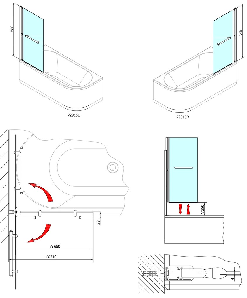 Polysan Polysan, RIONI pneumatická vaňová zástena 710 mm, strieborny rám, číre sklo, 72915