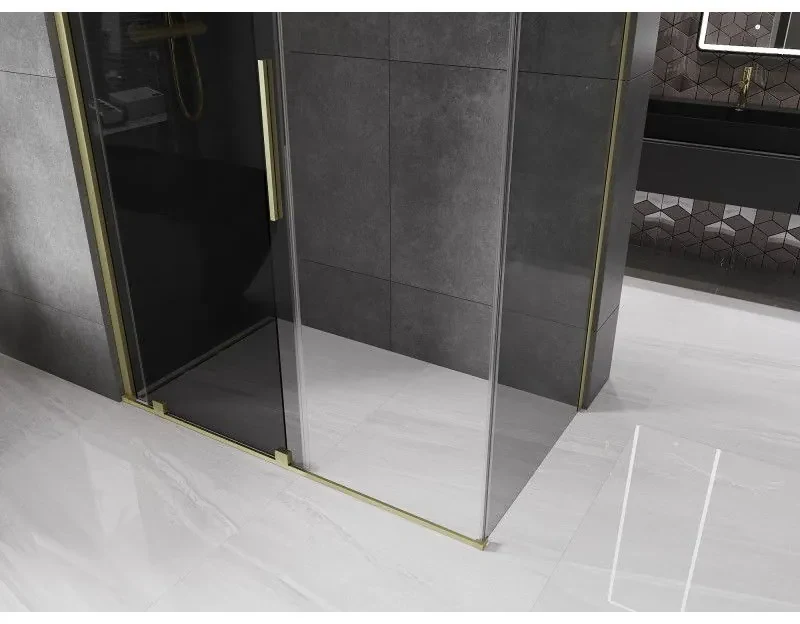Mexen Velar, sprchový kút s posuvnými dverami 160 x 90 cm, 8mm šedé sklo, zlatá matná, 871-160-090-41-55