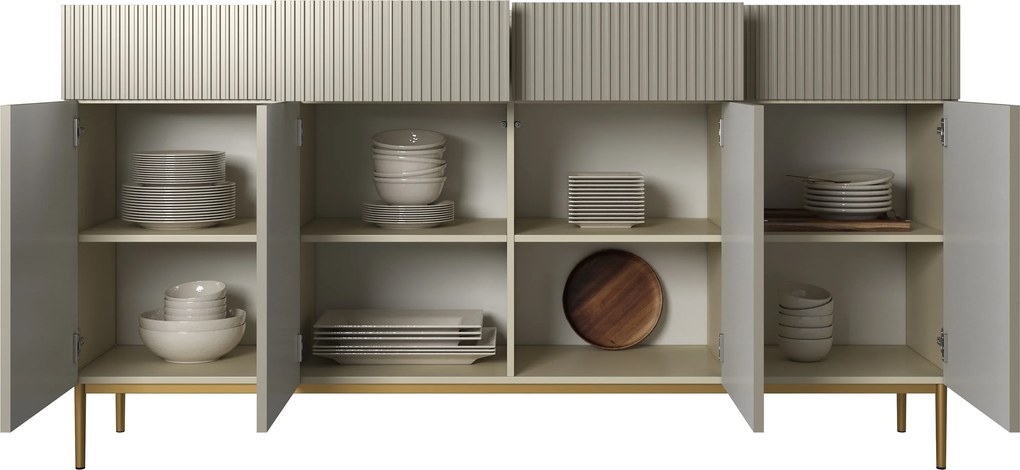 Štvor dverová komoda Nicole 200 cm so šuplíkmi s ryhovaným čelom - kasmír / zlaté nohy