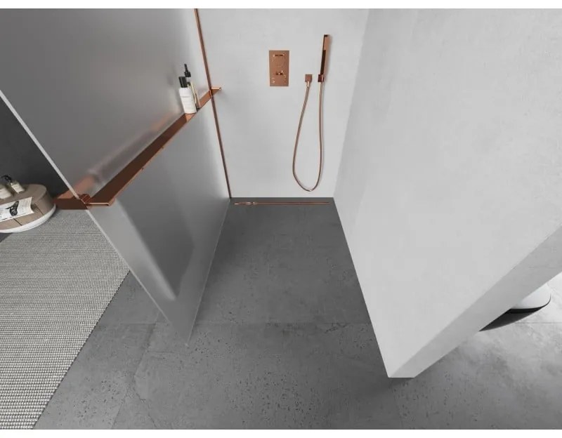 Mexen Kioto+ L, sprchová zástena Walk-In s poličkou a vešiakom 80 x 200 cm, 8mm sklo námraza, ružové zlato profil, 800-080-123-60-30