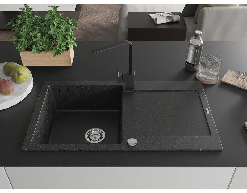 Mexen Leo, drez granitový 900x500x190 mm, 1-komorový, čierna - strieborná metalíza s chrómovým sifónom a čierna drezová batéria Rita, 6501-73-670300-70
