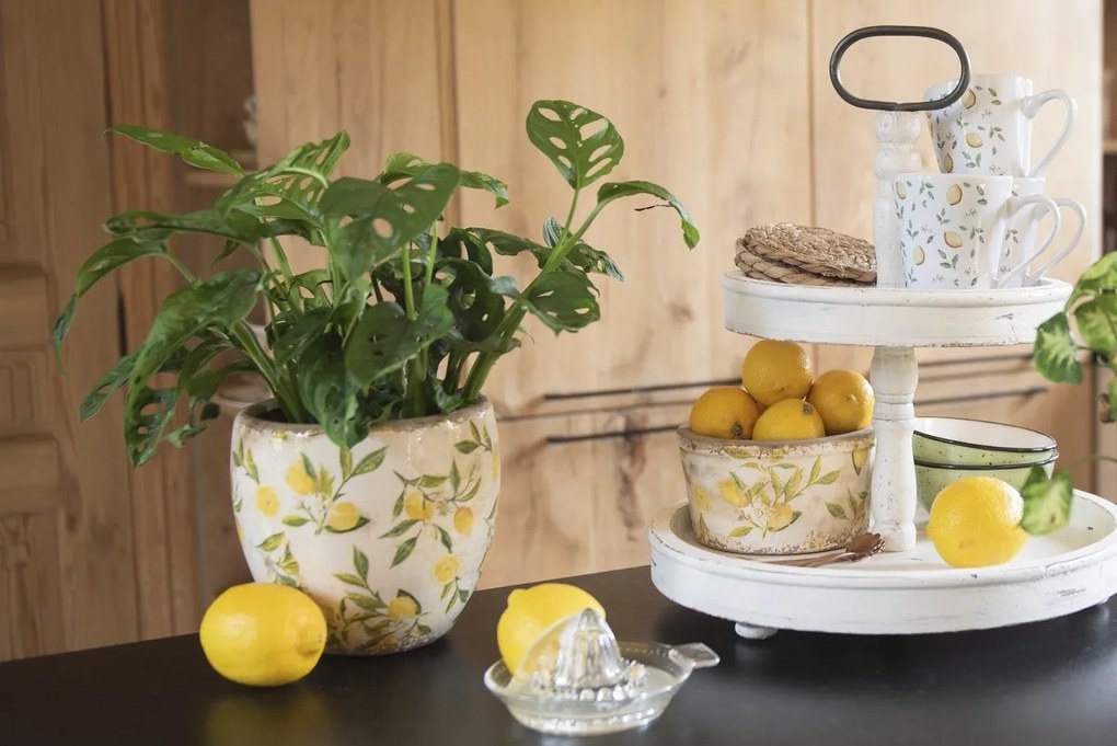 Béžový keramický obal na kvetináč s citrónmi Lemonio XS - Ø 11*10 cm
