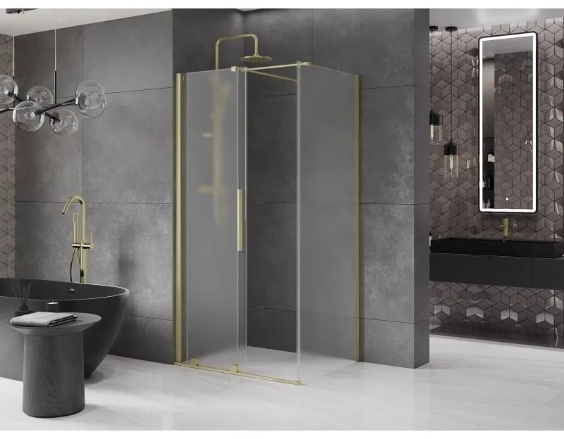 Mexen Velar, sprchový kút s posuvnými dverami 130 x 85 cm, 8mm sklo námraza, zlatá matná, 871-130-085-31-55