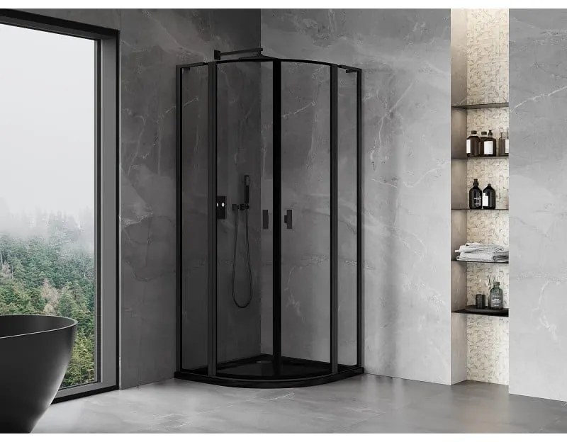Mexen Mist L, štvrťkruhový sprchový kút s 2-krídlovými dverami, 90 x 90 cm, 8mm číre sklo, čierny profil, 8A32L-090-090-70-70