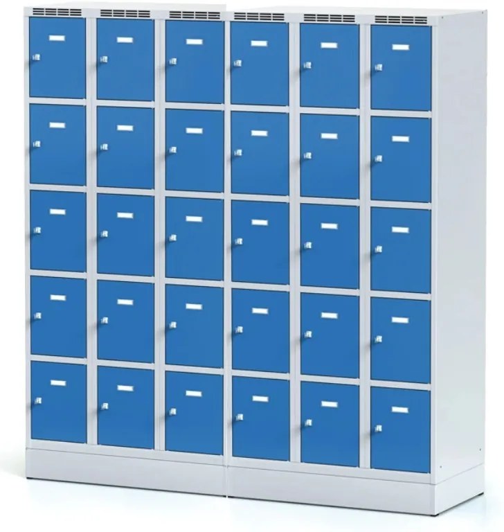 Šatníková skrinka S6 na sokli s úložnými boxami, 15 boxov, 1920 x 900 x 500 mm, otočný zámok, tmavosivé dvere