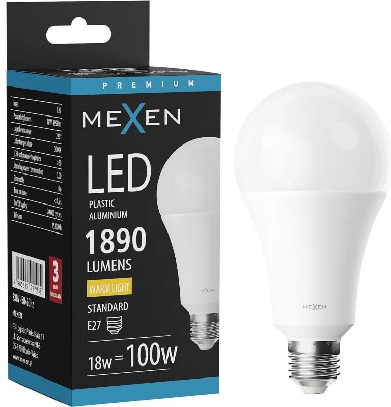 Mexen Nova, LED žiarovka E27, A70, 18W, teplá - 3000K, 1890 lm - L100-E27-1830-01