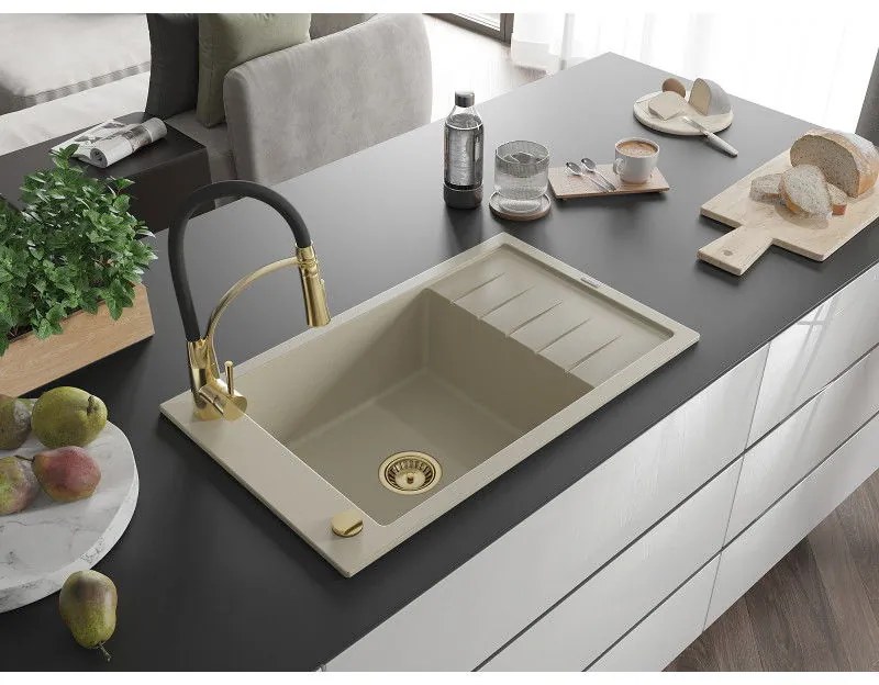 Mexen Elias, 1-komorový granitový drez 795x480x200 mm a drezová batéria Aster, béžová, 6511-69-73450-57-G