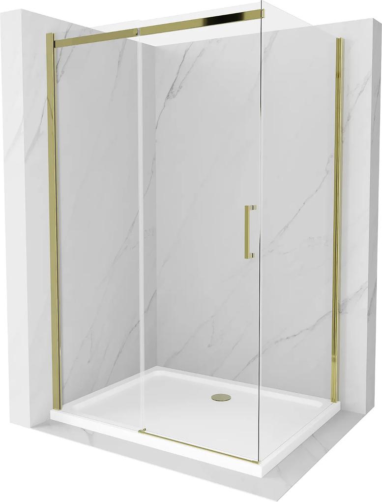 Mexen Omega, sprchovací kút s posuvnými dverami 140 (dvere) x 100 (stena) cm, 8mm číre sklo, zlatý profil + slim sprchová vanička 5cm, 825-140-100-50-00-4010