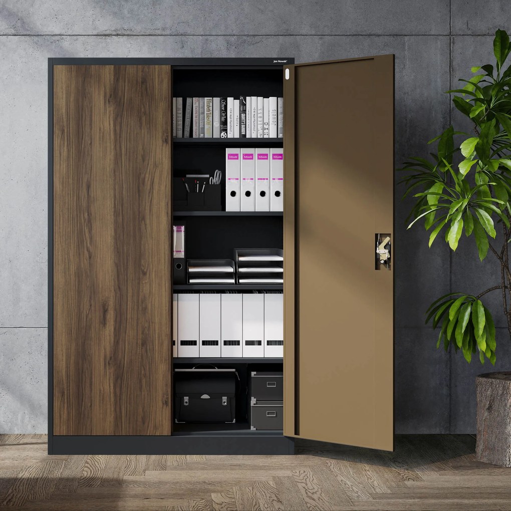 Kancelárska kovová skrinka na dokumenty JAN II, Eco Design: antracit/orech