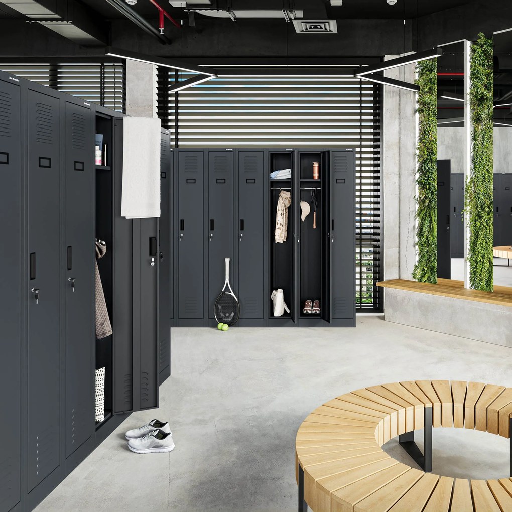 Kovová šatňová štvormodulová skriňa na sokli s policou KACPER II, 600 x 1800 x 500 mm, antracitová