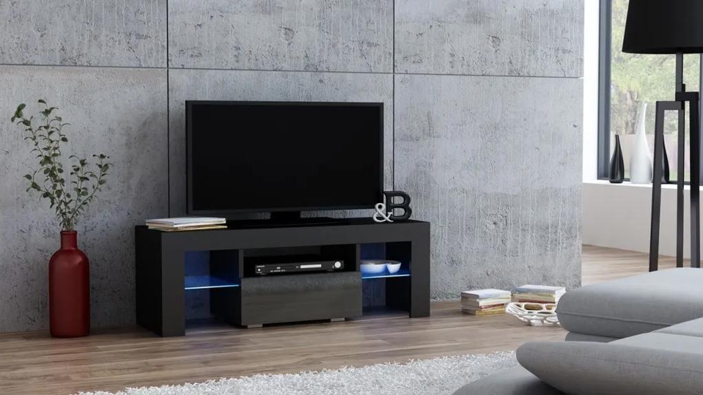 Mazzoni TV stolík MILANO lesklý 110 LED čierny, šedá zásuvka