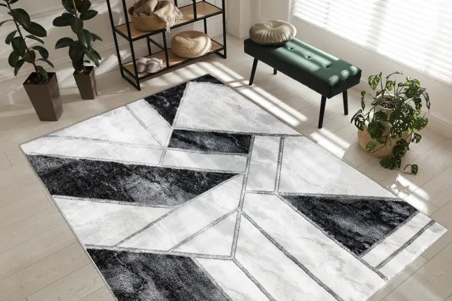 Koberec EMERALD exkluzívny 81953 glamour, styl marmur, geometrický čierny / strieborný