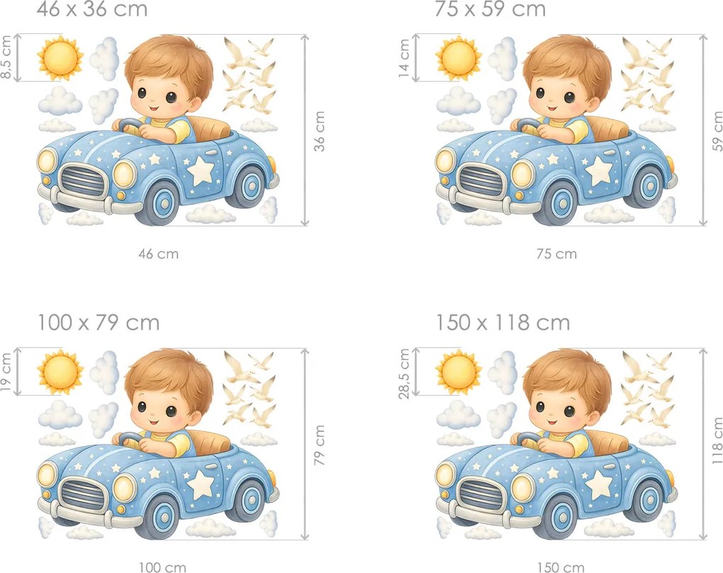 Chlapček v autíčku textilní prelepiteľné nálepky na stenu hárok 46 x 36 cm
