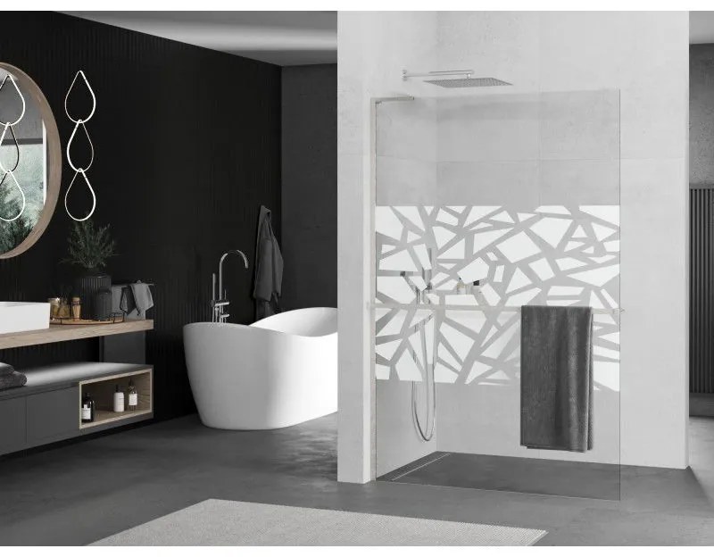 Mexen Kioto+ L, sprchová zástena Walk-In s poličkou a vešiakom 120 x 200 cm, 8mm číre sklo biely vzor, brúsená oceľ profil, 800-120-123-97-85