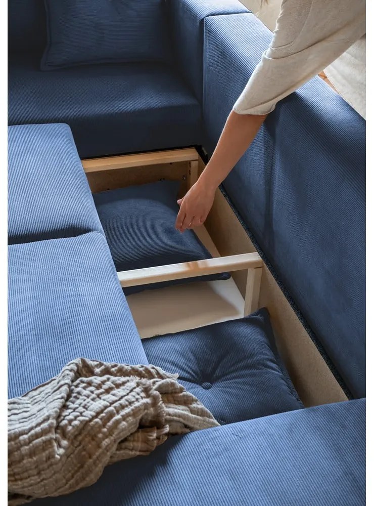 Tmavomodrá menčestrová rozkladacia rohová pohovka (ľavý roh/do "U") Lazy Lukka – Miuform