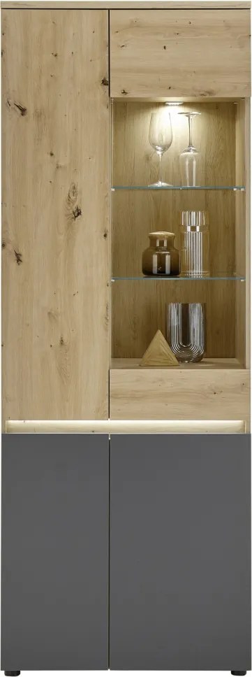 Vysoká vitrína Lille, dub artisan/antracit, s osvetlením