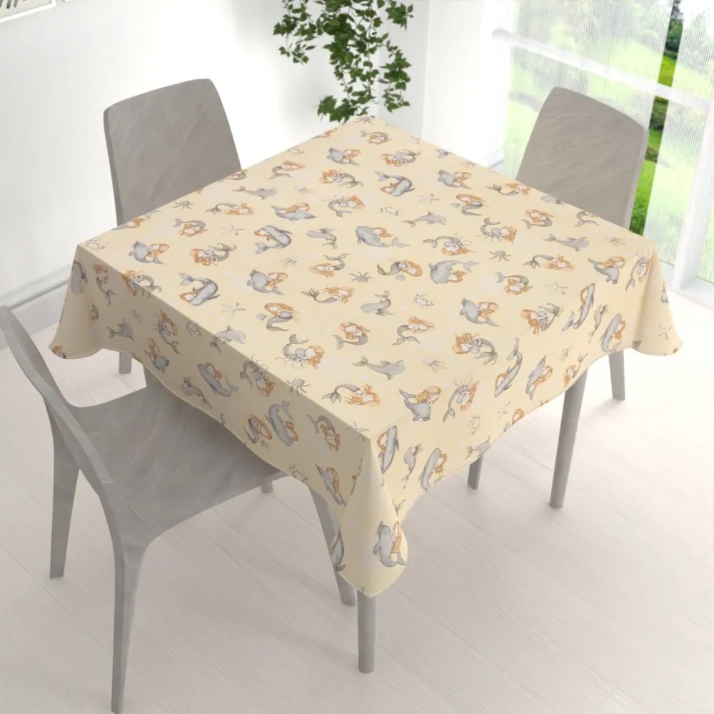 Biante Detský bavlnený štvorcový obrus Sandra SA-670 Sivo-hnedé morské panny s delfínmi na žltobéžovom 80x80 cm