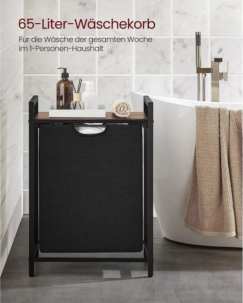 Kôš na bielizeň, s poličkou, 65 l, vysúvateľný, rustikálna hnedá a čierna farba