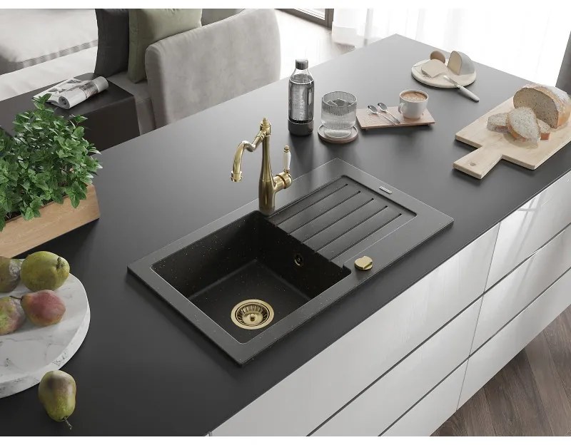 Mexen Pablo, 1-komorový granitový drez 752x436x161 mm a drezová batéria Carla, čierna-zlatá metalíza, 6510-75-670700-50