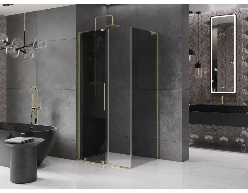 Mexen Velar L, sprchový kút s posuvnými dverami 110 x 75 cm, 8mm šedé sklo, zlatá lesklá, 871-110-075-43-50