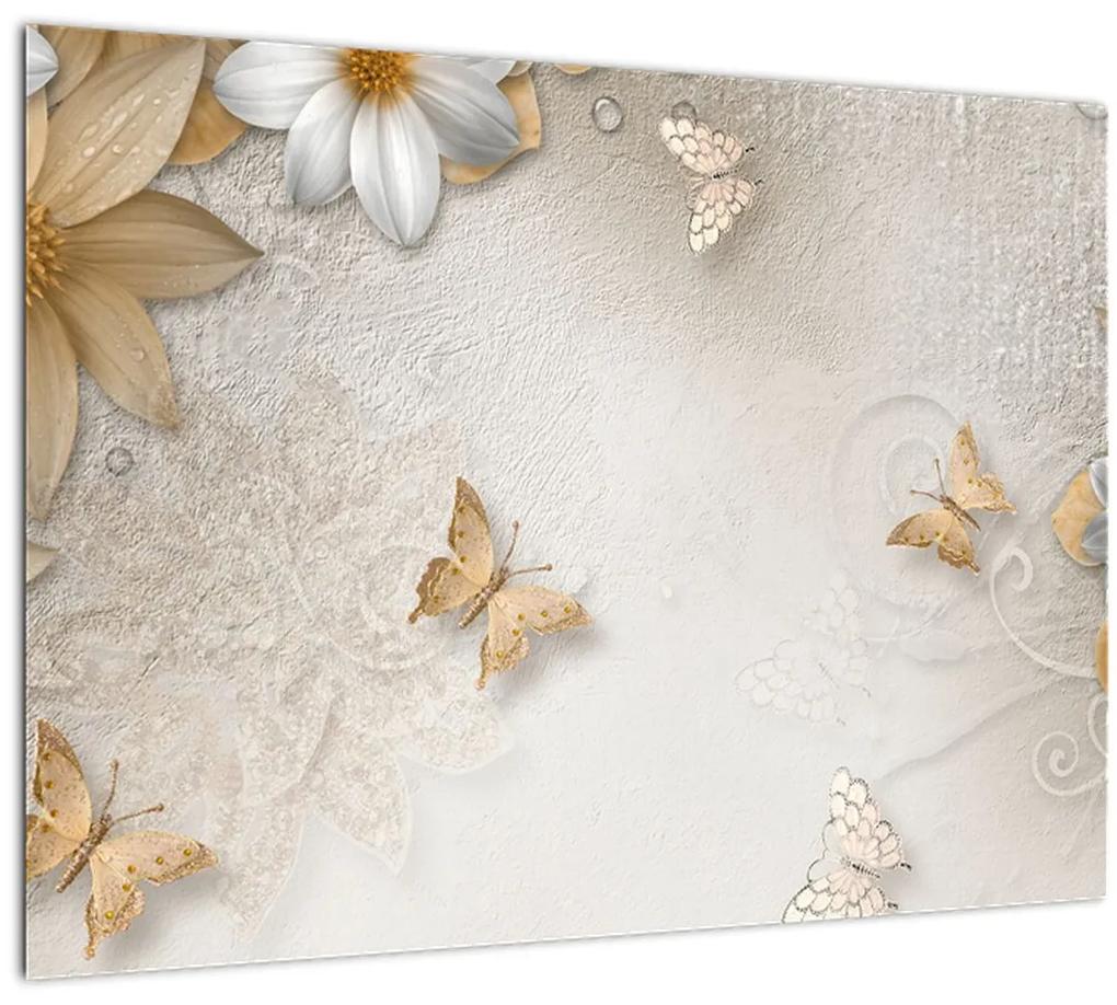 Sklenený obraz - Kvety s motýlikmi (70x50 cm)
