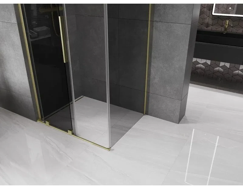 Mexen Velar L, sprchový kút s posuvnými dverami 90 x 110 cm, 8mm šedé sklo, zlatá matná, 871-090-110-43-55