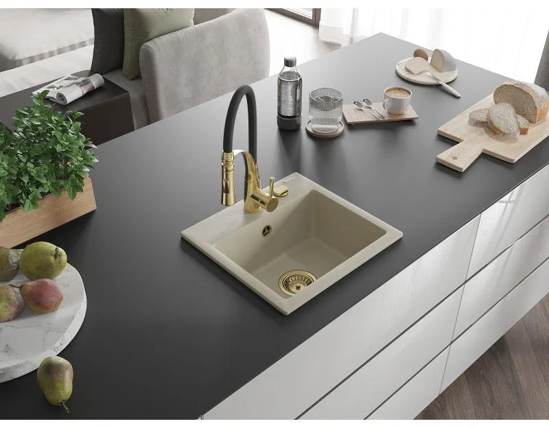 Mexen Milo, 1-komorový granitový drez 435x410x171 mm a drezová batéria Aster, béžová, 6505-69-73450-57-G