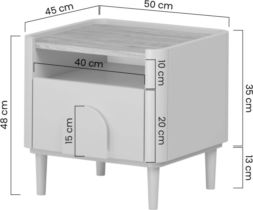 Nočná skrinka Amilio so zásuvkou 50 cm na nožičkách - eukalyptus / dub baltic dune / úchyty dub prírodný
