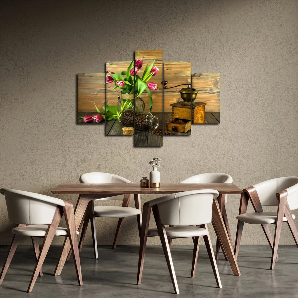 Obraz - tulipány, mlynček a káva (150x105 cm)