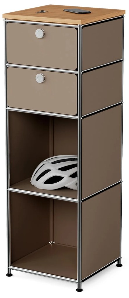 Úzka kovová komoda »CN3« s drevenou doskou a 2 zásuvkami, hnedosivá