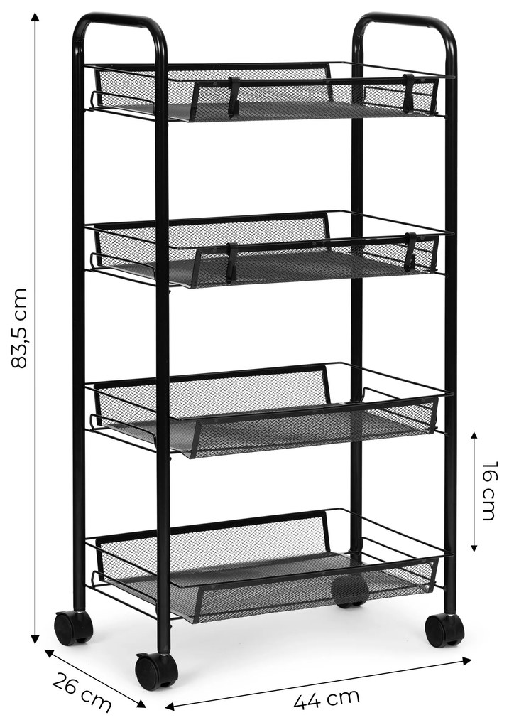ModernHome Policový kovový organizér na kolieskach, 4 police, čierna ModernHome