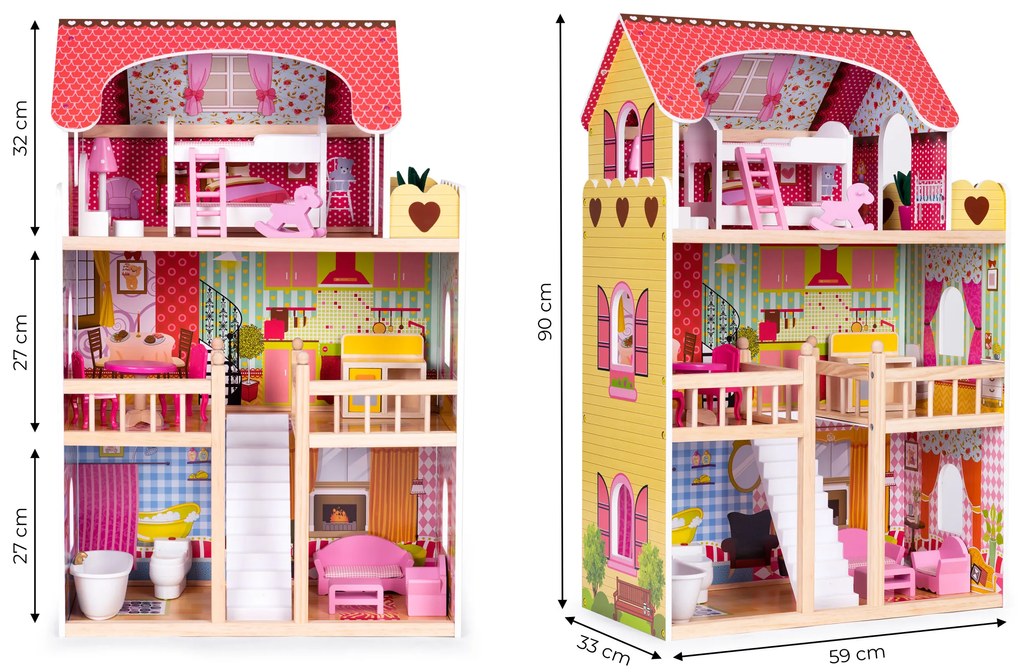 EcoToys Drevený domček pre bábiky s nábytkom - 3 poschodia