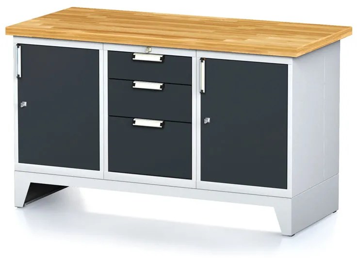 Alfa 3 Dielenský stôl MECHANIC I, 2 skrinky a zásuvkový box na náradie, 3 zásuvky, 1500x685x880 mm, antracitové dvere