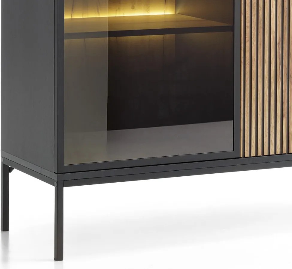 Skrinka s vitrínou Sento, čierna/dub wotan, s osvetlením