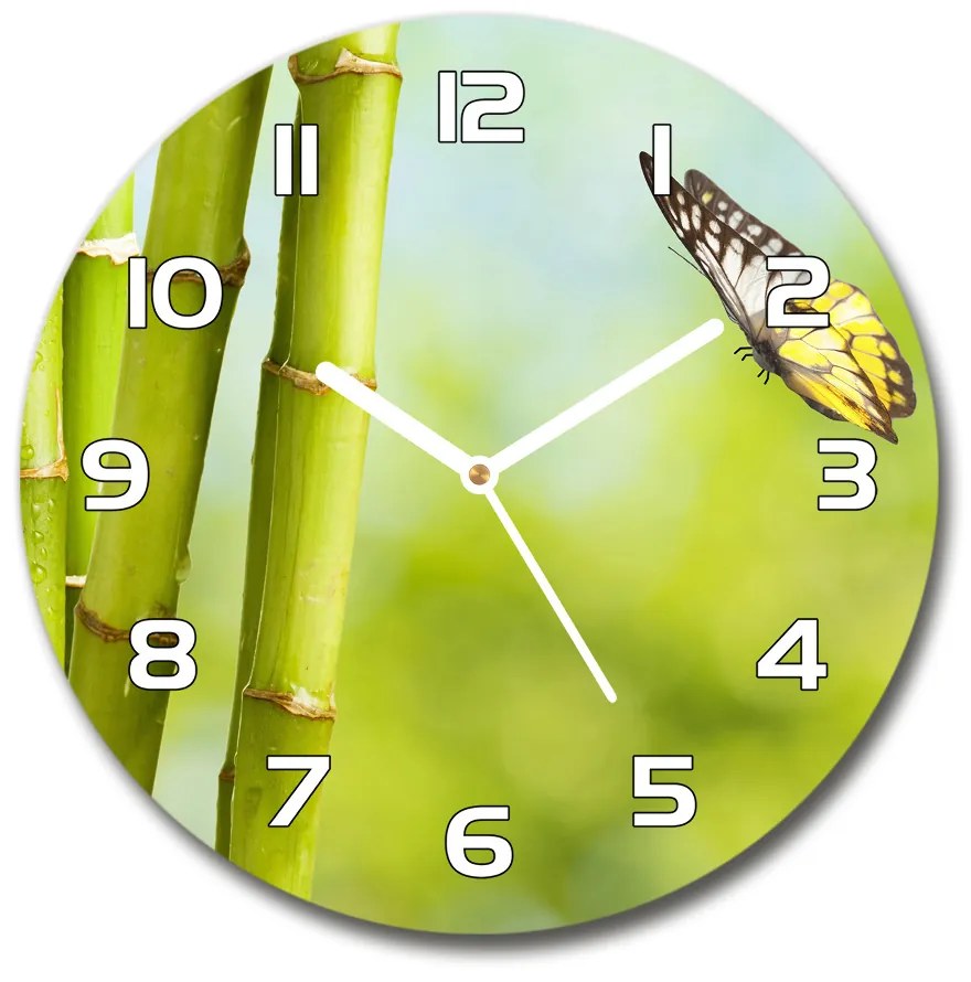 Sklenené hodiny okrúhle Bambus a motýľ pl_zso_30_f_69817087