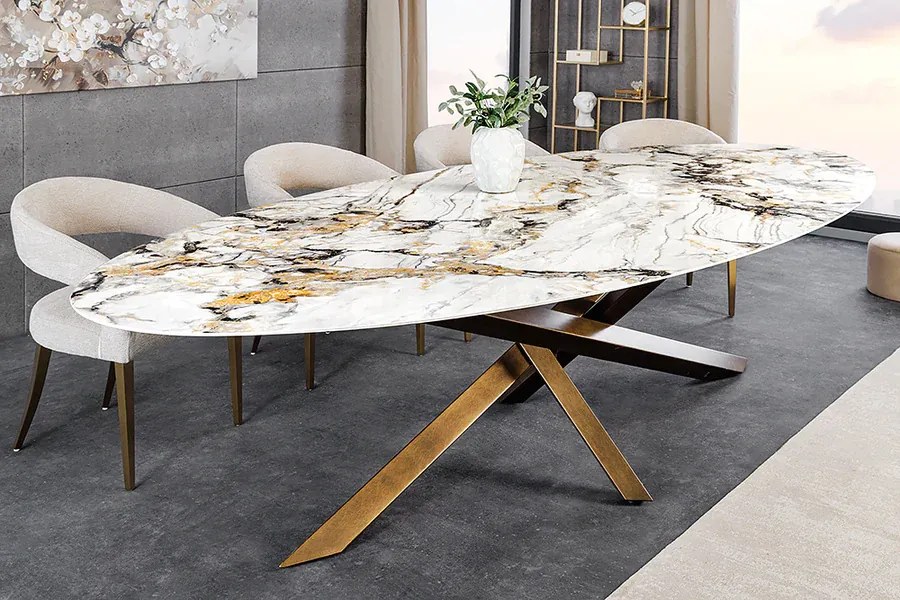 Jedálenský stôl SCULPTURE 280 cm oválny bronzový rám s keramickou doskou, viacfarebný mramorový vzhľad