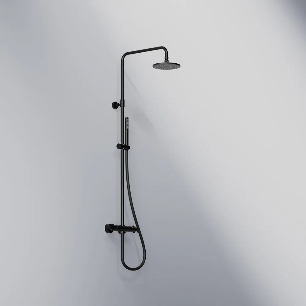 STEINBERG 250 nástenný sprchový systém s termostatom, horná sprcha priemer 200 mm, tyčová ručná sprcha 1jet, matná čierna, 2502721S