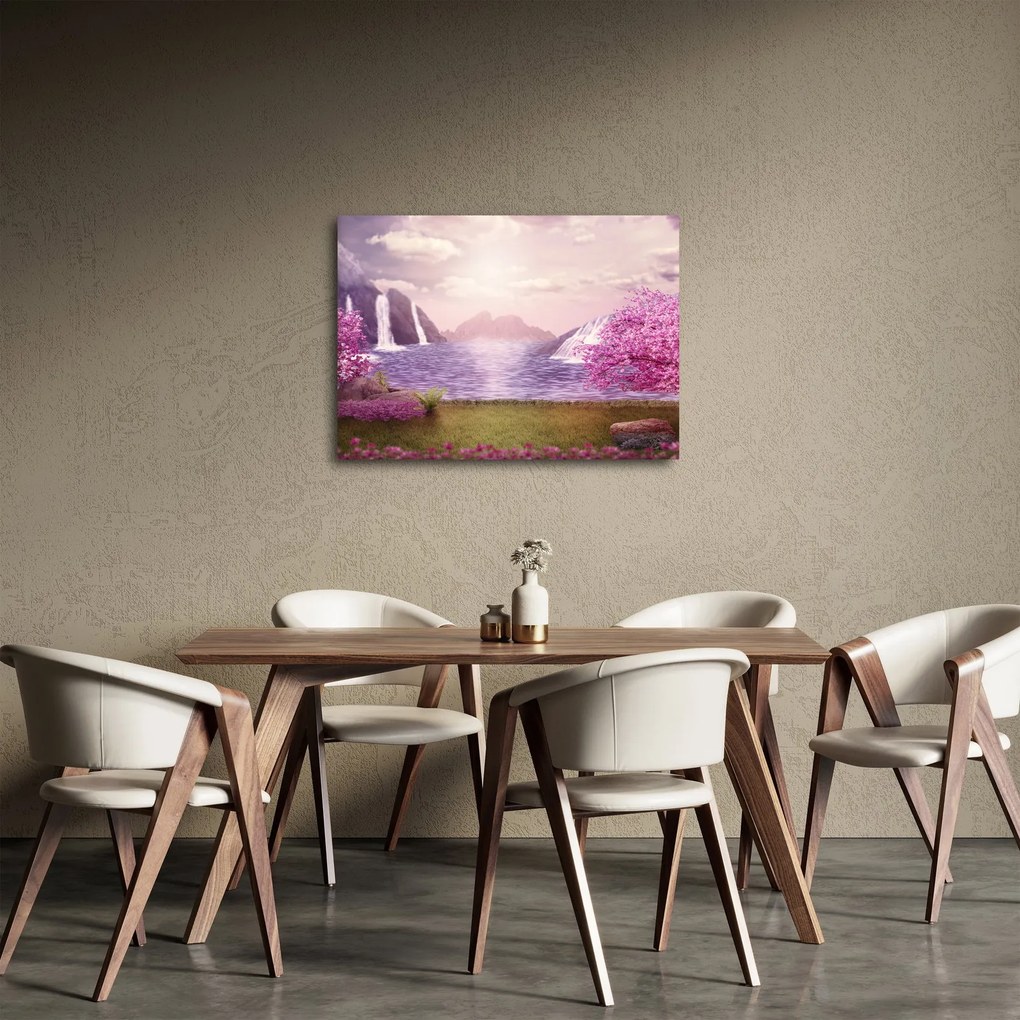 Obraz ružových stromov s jazerom (70x50 cm)