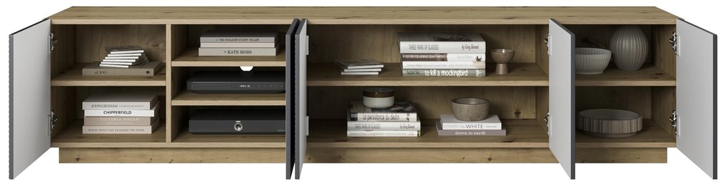 RTV skrinka Asha 200 cm s ryhovaným čelom - artisan / rivier stone mat