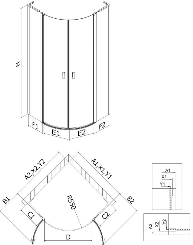 Mexen Mist L, štvrťkruhový sprchový kút s 2-krídlovými dverami, 90 x 90 cm, 8mm číre sklo, čierny profil, 8A32L-090-090-70-00