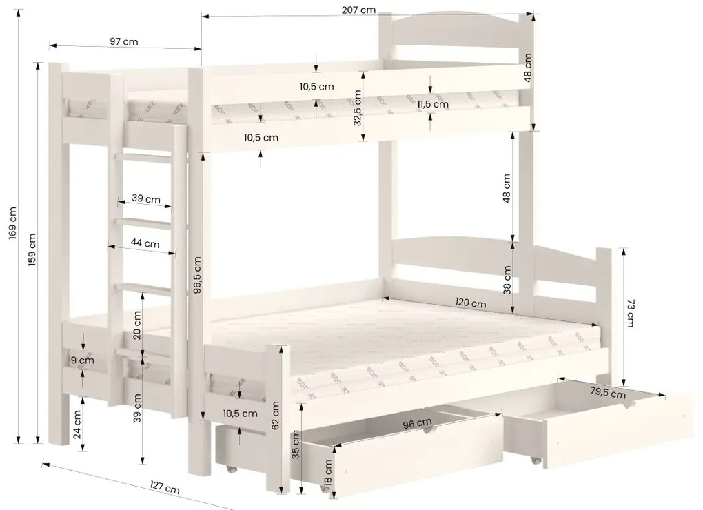 Poschodová posteľ Lovic 90x200/120x200 cm ľavá - borovica