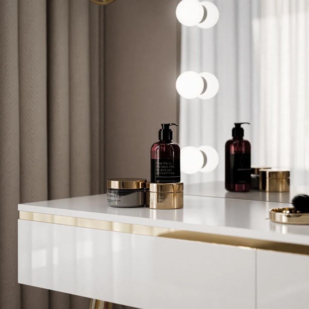 TOALETNÝ STOLÍK NESSIE SHINE BIELY LESK + ZLATÉ NOHY + LED