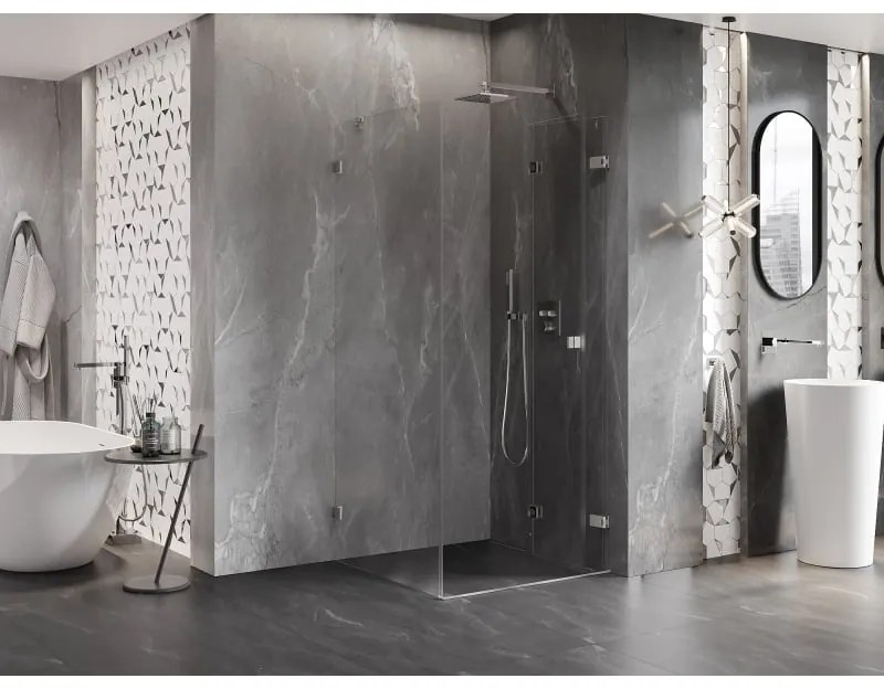 Mexen Lunar-F, 1-krídlový sprchový kút so skladacími dverami, pravý, 90 x 90 cm, 8mm číre sklo, brúsená oceľ profil, 836-090-090-97-00-P