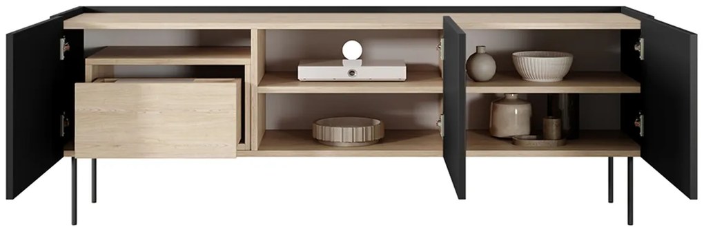 TV skrinka trojdverová s kontajnerom Desin 170 3D1SZ - čierny mat / Dub nagano