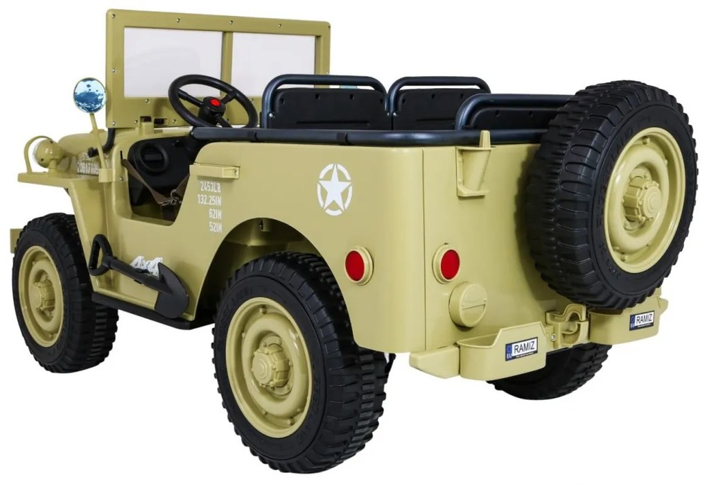 RAMIZ Elektrické autíčko - Retro vojenské vozidlo 4x4 - piesková - 158cm x 80cm x 82cm - MOTOR - 4x45W BATÉRIA - 12V / 14Ah- 2