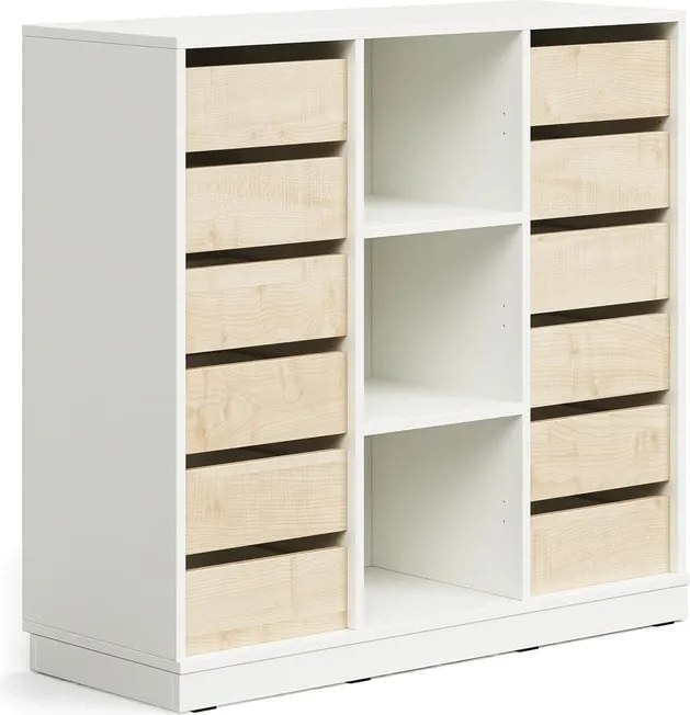 Úložná skrinka CASPER, 12 zásuviek, 3 priehradky, so soklom, biela/breza