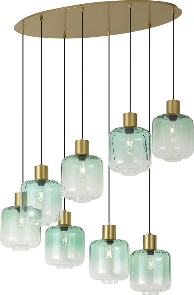 Hotelová elegantná závesná lampa mosadzná s modrým a zeleným sklom 8-svetiel - Qara