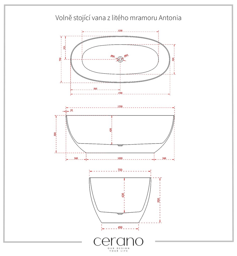 Cerano Antonia, voľne stojaca vaňa z liateho mramoru 170x75cm, biela matná, CER-CER-417524